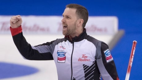 Canada skip Brad Gushue celebrates during his rink's gold medal win over Sweden at the men's curling championship in Edmonton on Sunday. Gushue-Brad-09042017