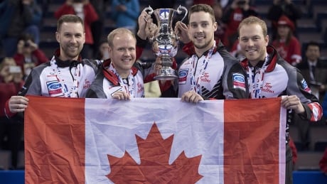 Canada skip Brad Gushue celebrates his gold medal win over Sweden with third, Mark Nichols, second, Brett Gallant and lead, Geoff Walker at the Men's World Curling Championships in Edmonton, Sunday, April 9, 2017. THE CANADIAN PRESS/Jonathan Hayward gushue-team-170409-1180