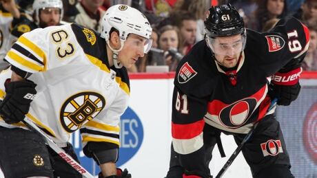 Mark Stone, right, and his Ottawa Senators will have their hands full with Brad Marchand and the Boston Bruins in their first-round playoff matchup. bruins-senators