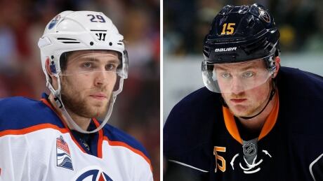 Edmonton's Leon Draisaitl, left, scored two points on Sunday, moving past Buffalo's Jack Eichel in points-per-game percentage. Draisaitl_Eichel