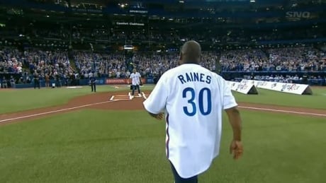 Soon-to-be Hall of Famer Raines throws opening pitch at Blue Jays home opener to fellow Hall of Fame member Alomar. Tim Raines and Roberto Alomar combine for HOF-worthy ceremonial pitch