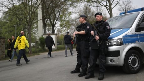 Police patrolled outside the ground prior to the UEFA Champions League quarter-final first leg match between Borussia Dortmund and AS Monaco Tuesday in Dortmund, Germany. The match was rescheduled after an alleged terrorist attack on the Borussia Dortmund team coach as it made its way to the stadium. 700033711ME00006_Borussia_D
