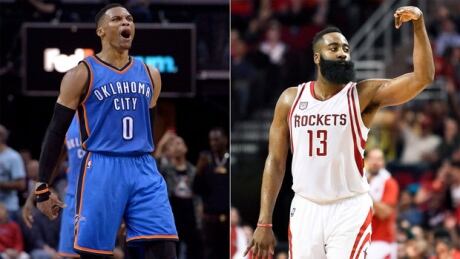 MVP candidates Russell Westbrook, left, and James Harden will square off in the first round of the NBA playoffs. westbrook-harden