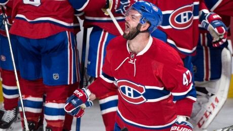 Montreal's Alexander Radulov celebrates after scoring the winning goal against New York on Friday night. HKN Rangers Canadiens 20170414