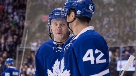 Toronto Maple Leafs' Morgan Rielly, shown in this file photo talking with teammate Tyler Bozak (42), will be leaned on by his team as they are without injured defenceman Nikita Zaitsev. HKN Lightning Maple Leafs 20170406