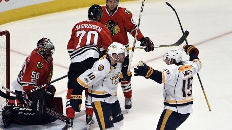 Colton Sissons (10) was one of five Nashville goal scorers as the Predators took a 2-0 series lead. nashville-predators