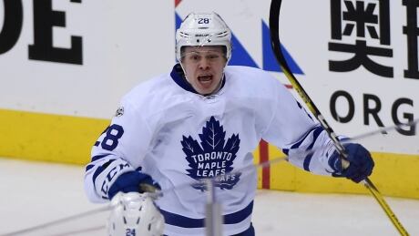 Toronto Maple Leafs forward Kasperi Kapanen celebrates his goal against the Washington Capitals during the second overtime in Game 2 in Washington, D.C. on Saturday. Toronto won 4-3. leafs-capitals-041517-620