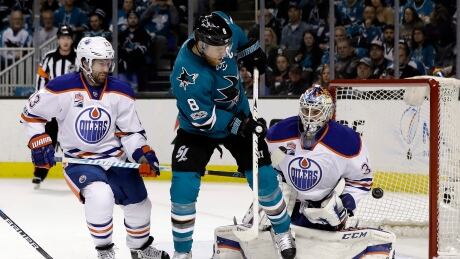 Edmonton Oilers goalie Cam Talbot stops a shot from San Jose Sharks centre Joe Pavelski during the first period in Game 3 on Sunday in San Jose, Calif. Talbot made 23 saves and recorded his second-straight shutout. oilers-sharks-041617-620