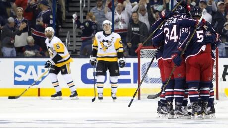 Columbus Blue Jackets celebrate a goal against the Pittsburgh Penguins during the first period of Game 4. penguins-blue-jackets