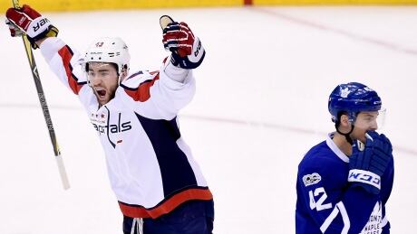 Washington's Tom Wilson celebrates the first of his two goals in the Capitals' win over the Leafs in Game 4 of their first-round series. HKN Capitals Maple Leafs 20170419