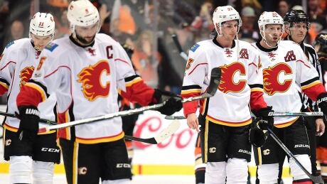 ANAHEIM, CA - APRIL 13: Sean Monahan #23 and Troy Brouwer #36 leave the ice after a 3-2 loss to the Anaheim Ducks in Game One of the Western Conference First Round during the 2017 NHL Stanley Cup Playoffs at Honda Center on April 13, 2017 in Anaheim, California. (Photo by Harry How/Getty Images) flames-170413-1180