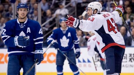 Washington Capitals' Tom Wilson, right, was everywhere on both of his goals, displaying the spirit Toronto Maple Leafs head coach Mike Babcock was looking for in his group. Leafs-Loss