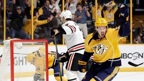 Ryan Johansen of the Predators celebrates during Nashville's 4-1 win to sweep the Chicago Blackhawks from the NHL playoffs on Thursday. Predators-Blackhawks-20042017