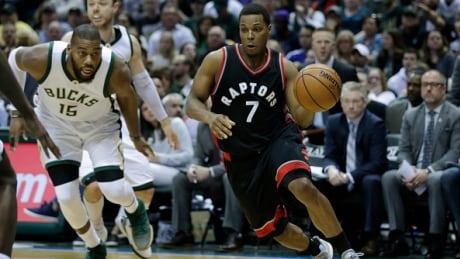 Raptors point guard Kyle Lowry, right, is expected to play in Game 5 tonight against the Milwaukee Bucks after missing Monday's shootaround with back stiffness. Lowry scored 18 points in Toronto's Game 4 victory. Kyle-Lowry