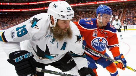 Despite tearing his ACL and MCL on April 2, San Jose Sharks forward Joe Thornton, left, returned to play in the team's final four playoff games in a first-round loss to the Edmonton Oilers. Joe-Thornton