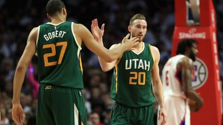 LOS ANGELES, CA - APRIL 25: Rudy Gobert #27 congratulates Gordon Hayward #20 of the Utah Jazz during the first half of Game Five of the Western Conference Quarterfinals at Staples Center at Staples Center on April 25, 2017 in Los Angeles, California. NOTE TO USER: User expressly acknowledges and agrees that, by downloading and or using this photograph, User is consenting to the terms and conditions of the Getty Images License Agreement. (Photo by Sean M. Haffey/Getty Images) gobert-hayward-170425-1180