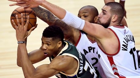 Milwaukee's Giannis Antetokounmpo battles Toronto's Jonas Valanciunas (17) and PJ Tucker (2) during Game 2 of their first-round series. Bucks Learning Lessons Basketball