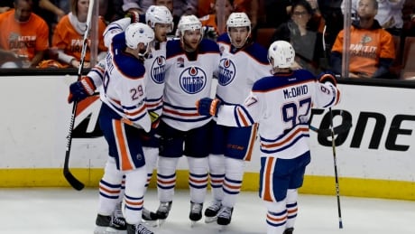 Edmonton Oilers celebrates after centre Mark Letestu's goal against the Anaheim Ducks during the second period in Game 1. oilers-ducks