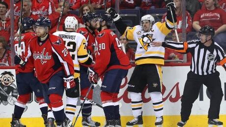 Pittsburgh's Sidney Crosby celebrates his second goal of the game in a 3-2 win over the Washington Capitals Thursday. 95531240