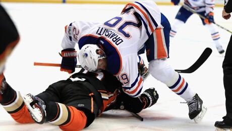 Edmonton Oilers forward Leon Draisaitl pushes Anaheim Ducks centre Ryan Getzlaf to the ice in Game One of the Western Conference Second Round on Wednesday. Draisaitl notched four points in his team's victory. Leon-Draisaitl