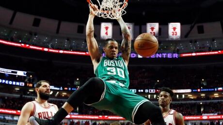 Gerald Green slams down two points as the Boston Celtics eliminated the Chicago Bulls Friday. gerald-green