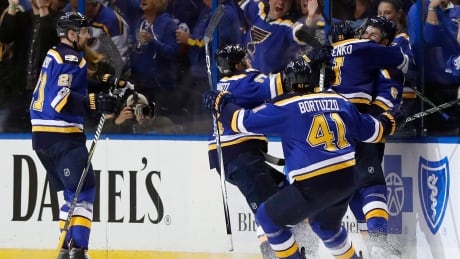 St. Louis players celebrate Vladimir Tarasenko's game-winning goal during Game 2 on Saturday. The Blues' 3-2 win evened their series with Nashville 1-1. Blues-Predators-28042017