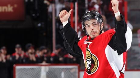 OTTAWA, ON - APRIL 29: The first star of the game Jean-Gabriel Pageau #44 of the Ottawa Senators gestures as he skates off the ice after scoring an overtime goal and four goals against the New York Rangers in Game Two of the Eastern Conference Second Round during the 2017 NHL Stanley Cup Playoffs at Canadian Tire Centre on April 29, 2017 in Ottawa, Ontario, Canada. (Photo by Jana Chytilova/Freestyle Photography/Getty Images) pageau-jean-gabrier-170429-1180