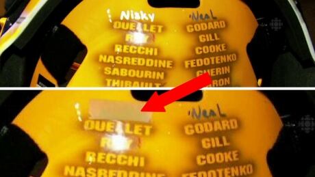Pittsburgh goalie Marc-Andre Fleury's goalie mask before and after Matt Niskanen's name was taped over. fleury-helmet