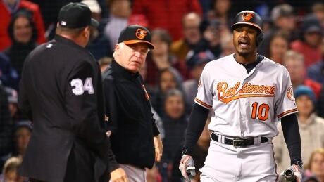 Adam Jones of the Baltimore Orioles, right, and Manager Buck Showalter argue with umpire Sam Holbrook after Jones was ejected during the fifth inning against the Boston Red Sox at Fenway Park in Boston on Wednesday. jones-adam-050317-620