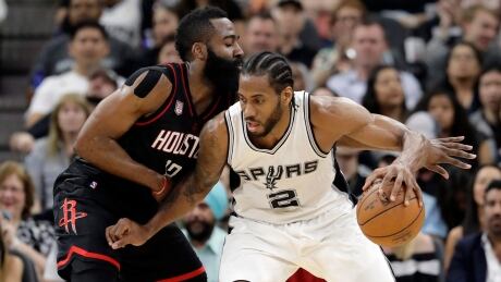 San Antonio Spurs forward Kawhi Leonard, right, works for an opportunity to the basket as James Harden of the Houston Rockets defends during Game 2 on Wednesday in San Antonio. harden-leonard-050317-620