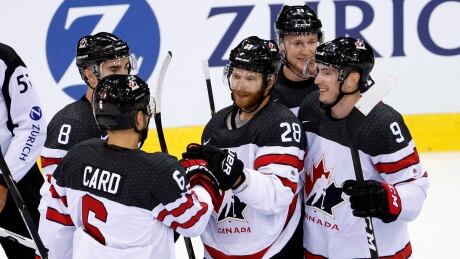 Canadians Claude Giroux, forward Nathan MacKinnon, second from right, and Matt Duchene (9) will be key players in Canada’s drive for gold at the world championship in Germany. Switzerland Friendly Ice Hockey