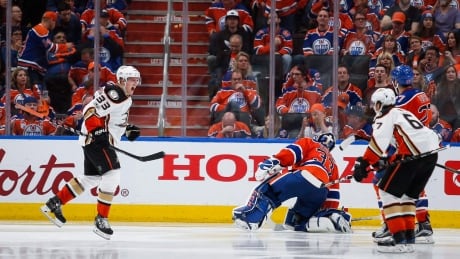 Anaheim Ducks' Jakob Silfverberg, centre, celebrates his game winning goal at 45 seconds into overtime during Wednesday's NHL playoff game at Rogers Place. HKN Ducks Oilers 20170503