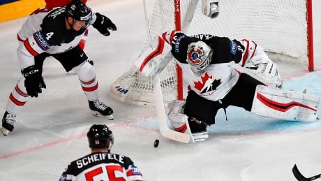 Calvin Pickard makes a save during Canada's 4-1 win over the Czech Republic in their opener at the world championships in Paris, France. AFP_O527H