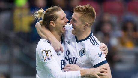 Vancouver Whitecaps' Brek Shea, left, and Tim Parker, pictured here earlier in the season, defeated the Colorado Rapids 1-0 on Friday. Shea scored the game's only goal. SOC Tigres Whitecaps 20170405