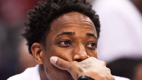 Toronto Raptors guard DeMar DeRozan sits on the bench during the second half of Game 3 against the Cleveland Cavaliers. cavaliers-raptors