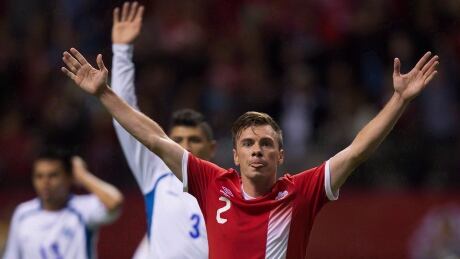 Canada's Nik Ledgerwood celebrates his goal against El Salvador during second half FIFA World Cup qualifying soccer action in Vancouver on September 6, 2016. canada-soccer
