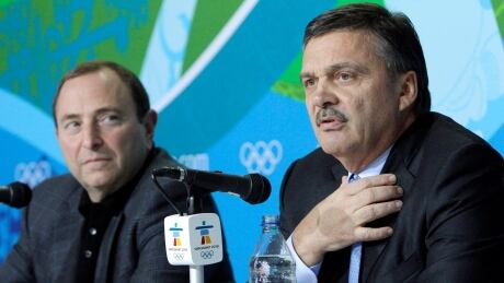 Rene Fasel, right, and Gary Bettman, left, seen here at a press conference for the 2010 Vancouver Olympics. fasel-rene
