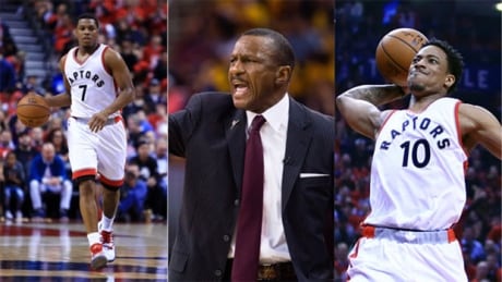 Kyle Lowry, left, is not under contract for next season, while the Toronto Raptors will also have to decide if the future of the team will still revolve around coach Dwane Casey, middle, and all-star guard DeMar DeRozan. lowry-casey-derozan-620