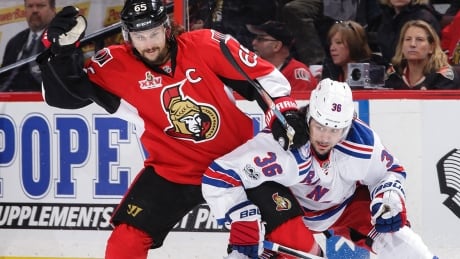 The Senators' Erik Karlsson, left, has shone the brightest during the team's second-round series against the Rangers and leads all NHL defencemen in scoring in these playoffs with 11 points, while playing through obvious injury. karlsson-erik-170506-1180