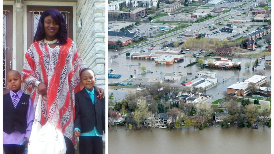 Camille Delpesche, pictured with her young sons Jah-Vinci and Jah-Marley, outside their home in Ahuntsic-Cartierville. The family's house flooded early morning Sunday, and they had 10 minutes to evacuate.