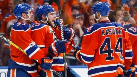 Oilers forwards Connor McDavid, left, Leon Draisaitl, centre, and Zack Kassian have given their fans hope of a sixth Stanley Cup title. HKN Sharks Oilers 20170420