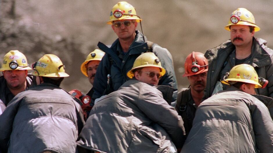 A truck load of rescue workers head to the entrance of the Westray coal mine in Plymouth, N.S., May 12, 1992 as they start another shift.
