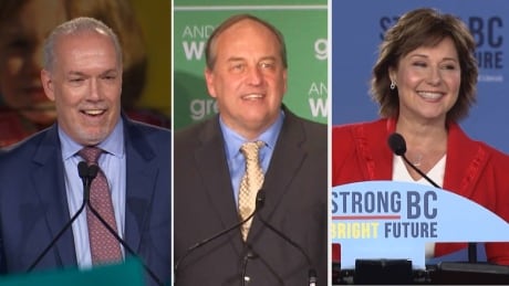 The leaders of all three parties gave optimistic speeches, unsure of what their fates will ultimately be. From left to right: NDP Leader John Horgan, Green Party Leader Andrew Weaver and Liberal Leader Christy Clark. B.C. election night composite