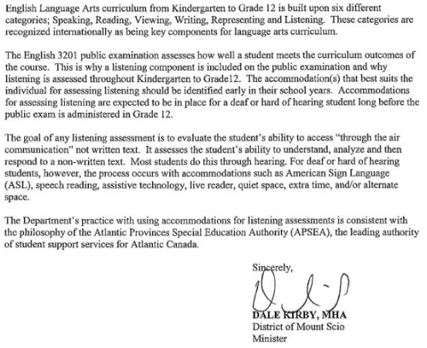 Letter from Minister of Eduation