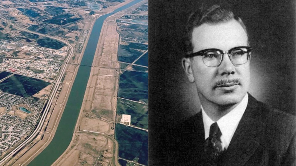 Two pictures are shown. On the left is the Red River Floodway outside of Winnipeg, and on the right is a black-and-white picture of man in a suit and tie.