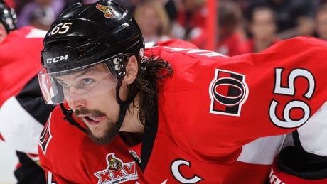 OTTAWA, ON - APRIL 27: Erik Karlsson #65 of the Ottawa Senators prepares for a faceoff against the New York Rangers in the third period in Game One of the Eastern Conference Second Round during the 2017 NHL Stanley Cup Playoffs at Canadian Tire Centre on April 27, 2017 in Ottawa, Ontario, Canada. (Photo by Jana Chytilova/Freestyle Photography/Getty Images) karlsson-erik-170427-1180