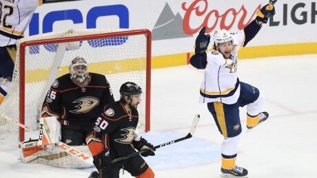 Filip Forsberg of the Nashville Predators celebrates after scoring against goaltender John Gibson in Friday's 3-2 overtime win over the Anaheim Ducks. 700047974VD00018_Nashville_