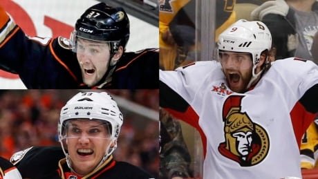 In July 2013, the Anaheim Ducks traded forward Bobby Ryan (right) to the Ottawa Senators for forward Jakob Silfverberg (bottom left), Stefan Noesen and a first-round pick in the 2014 NHL draft, which turned out to be forward Nick Ritchie (top left). Bobby Ryan trade pieces