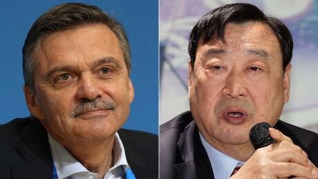 International Ice Hockey Federation president Rene Fasel, left, met Monday with Pyeongchang Olympic organizing committee president Lee Hee-Beom, right, to discuss a potential solution to bring the sport's biggest stars to South Korea next February. fasel-rene-1180