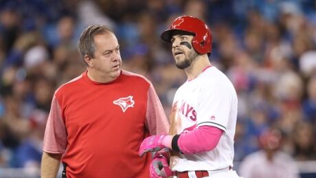 Toronto Blue Jays infielder Steve Pearce leaves a game in the second inning against the Seattle Mariners after sustaining a calf strain following a double Sunday afternoon. pearce-steve-051517
